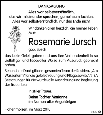 Traueranzeige von Rosemarie Jursch von Mitteldeutsche Zeitung Weißenfels