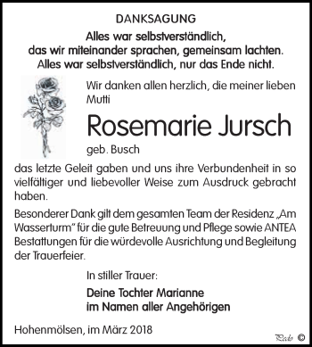 Traueranzeige von Rosemarie Jursch von WVG - Wochenspiegel NMB / WSF / ZTZ