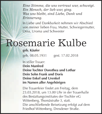 Traueranzeige von Rosemarie Kulbe von WVG - Wochenspiegel Wittenberg