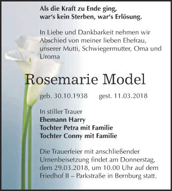 Traueranzeige von Rosemarie Model von Super Sonntag Bernburg