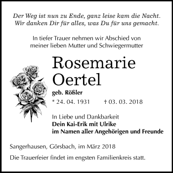 Traueranzeige von Rosemarie Oertel von Mitteldeutsche Zeitung Sangerhausen