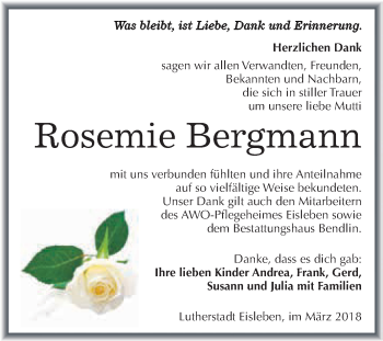 Traueranzeige von Rosemie Bergmann von Super Sonntag SGH Mansf. Land