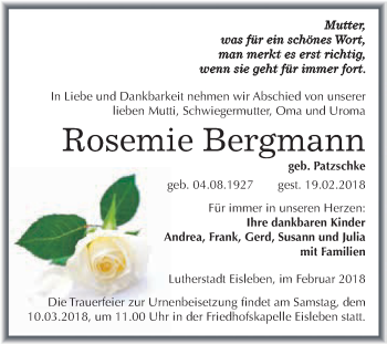 Traueranzeige von Rosemie Bergmann von Super Sonntag SGH Mansf. Land