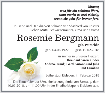 Traueranzeige von Rosemie Bergmann von Mitteldeutsche Zeitung