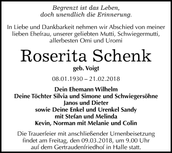 Traueranzeige von Roserita Schenk von Mitteldeutsche Zeitung Halle/Saalkreis