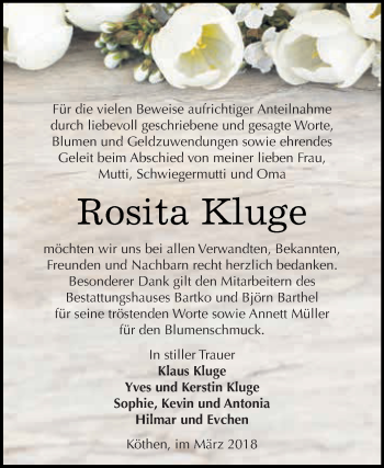 Traueranzeige von Rosita Kluge von WVG - Wochenspiegel Dessau / Köthen