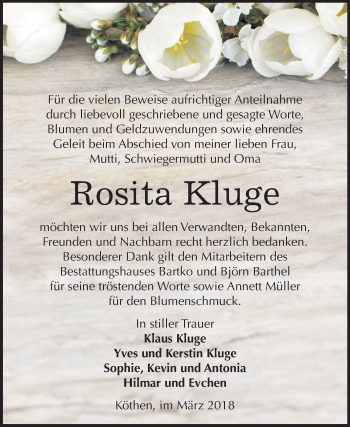 Traueranzeige von Rosita Kluge von Mitteldeutsche Zeitung Köthen