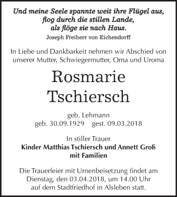 Traueranzeige von Rosmarie Tschiersch von Super Sonntag Bernburg