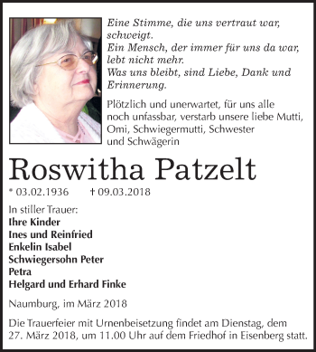 Traueranzeige von Roswitha Patzelt von Mitteldeutsche Zeitung