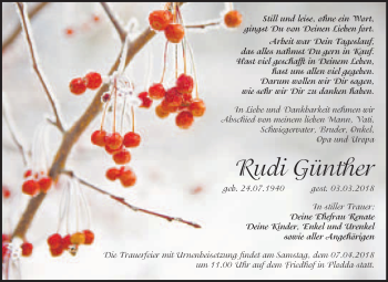 Traueranzeige von Rudi Günther von WVG - Wochenspiegel Bitterfeld