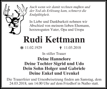 Traueranzeige von Rudi Kettmann von WVG - Wochenspiegel Dessau / Köthen