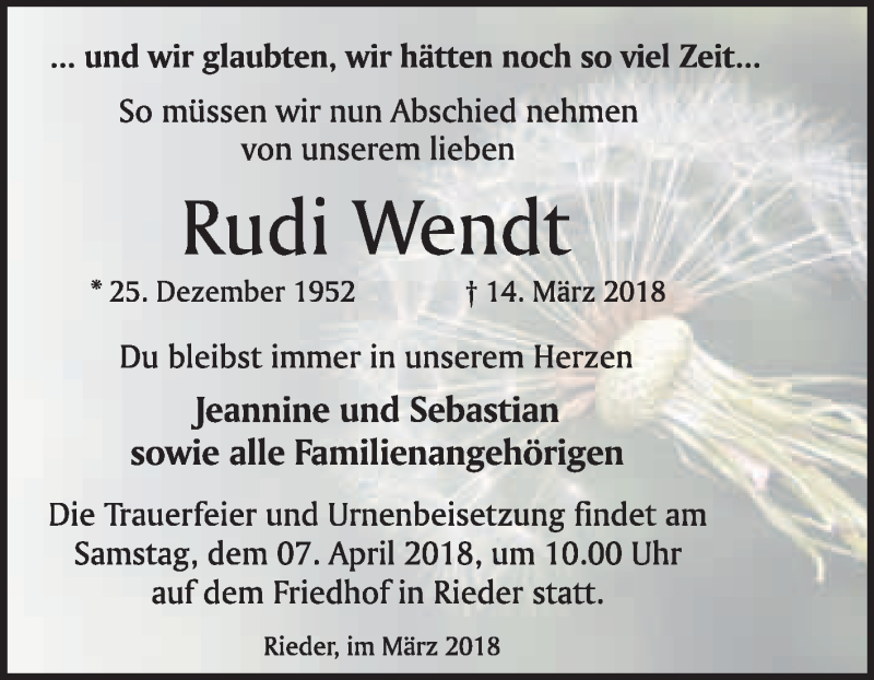  Traueranzeige für Rudi Wendt vom 24.03.2018 aus WVG - Wochenspiegel Quedlinburg