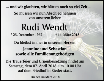 Traueranzeige von Rudi Wendt von Mitteldeutsche Zeitung Quedlinburg