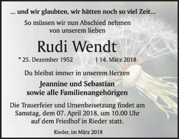 Traueranzeige von Rudi Wendt von WVG - Wochenspiegel Quedlinburg