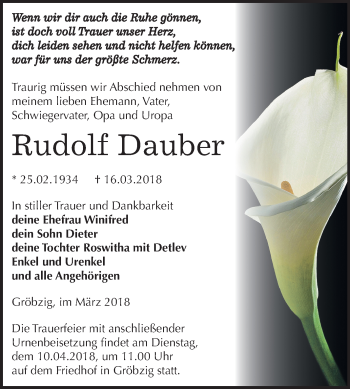Traueranzeige von Rudolf Dauber von Mitteldeutsche Zeitung Köthen