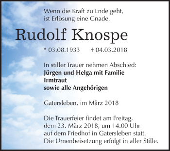 Traueranzeige von Rudolf Knospe von Mitteldeutsche Zeitung Aschersleben