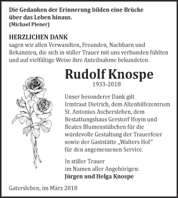 Traueranzeige von Rudolf Knospe von Super Sonntag Aschersleben