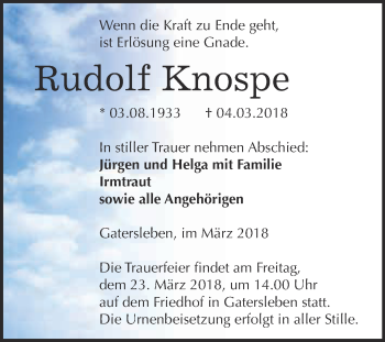 Traueranzeige von Rudolf Knospe von Super Sonntag Aschersleben