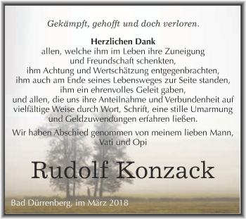 Traueranzeige von Rudolf Konzack von Super Sonntag Merseburg