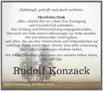 Traueranzeige von Rudolf Konzack von Mitteldeutsche Zeitung Merseburg/Querfurt