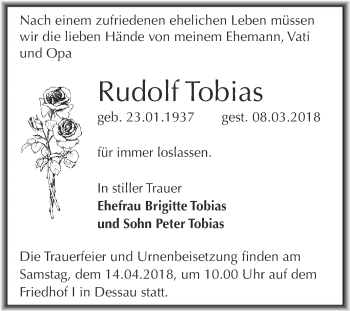 Traueranzeige von Rudolf Tobias von WVG - Wochenspiegel Dessau / Köthen