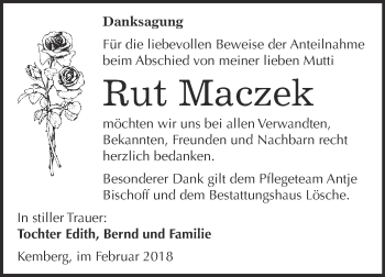 Traueranzeige von Rut Maczek von WVG - Wochenspiegel Wittenberg