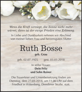 Traueranzeige von Ruth Bosse von WVG - Wochenspiegel Wittenberg