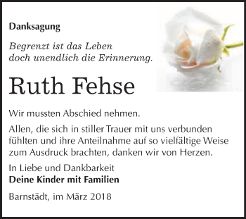 Traueranzeige von Ruth Fehse von WVG - Wochenspiegel Merseburg