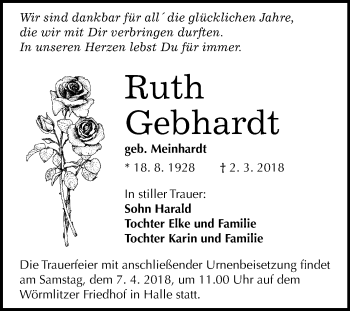 Traueranzeige von Ruth Gebhardt von Mitteldeutsche Zeitung Halle/Saalkreis