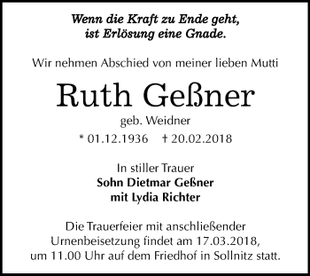 Traueranzeige von Ruth Geßner von Mitteldeutsche Zeitung Dessau-Roßlau