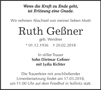 Traueranzeige von Ruth Geßner von WVG - Wochenspiegel Dessau / Köthen