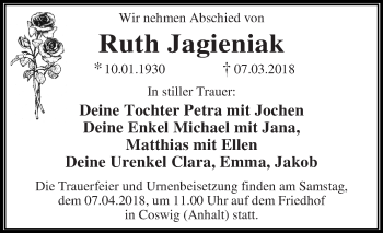 Traueranzeige von Ruth Jagieniak von WVG - Wochenspiegel Dessau / Köthen
