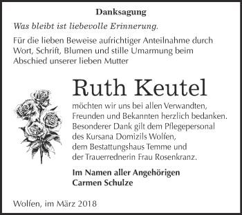 Traueranzeige von Ruth Keutel von WVG - Wochenspiegel Bitterfeld