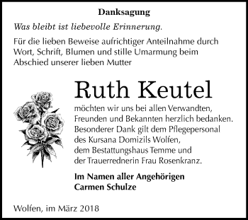 Traueranzeige von Ruth Keutel von Mitteldeutsche Zeitung Bitterfeld