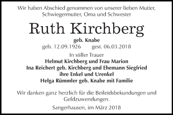 Traueranzeige von Ruth Kirchberg von Super Sonntag SGH Mansf. Land