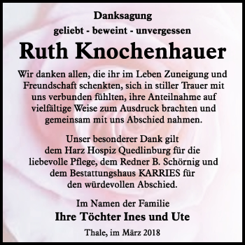 Traueranzeige von Ruth Knochenhauer von Mitteldeutsche Zeitung Quedlinburg
