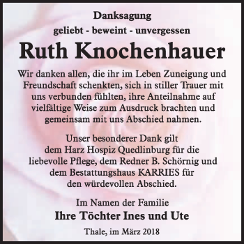 Traueranzeige von Ruth Knochenhauer von WVG - Wochenspiegel Quedlinburg