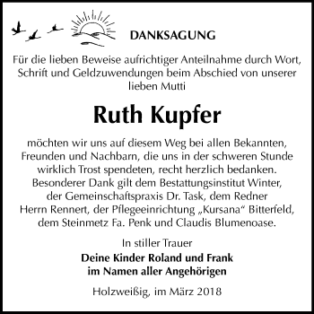 Traueranzeige von Ruth Kupfer von Mitteldeutsche Zeitung Bitterfeld