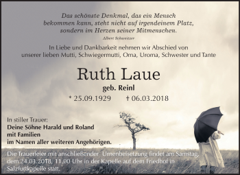 Traueranzeige von Ruth Laue von Mitteldeutsche Zeitung Bitterfeld