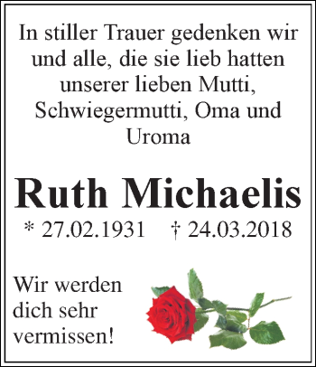 Traueranzeige von Ruth Michaelis von Mitteldeutsche Zeitung Bitterfeld