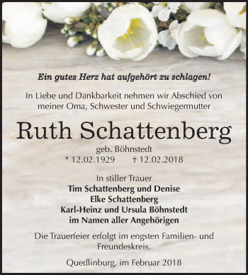 Traueranzeige von Ruth Schattenberg von WVG - Wochenspiegel Quedlinburg