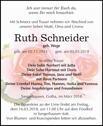 Traueranzeige von Ruth Schneider von Super Sonntag SGH Mansf. Land