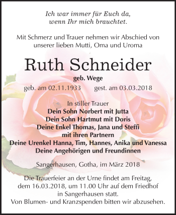 Traueranzeige von Ruth Schneider von Mitteldeutsche Zeitung Sangerhausen
