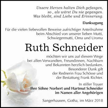 Traueranzeige von Ruth Schneider von Super Sonntag SGH Mansf. Land