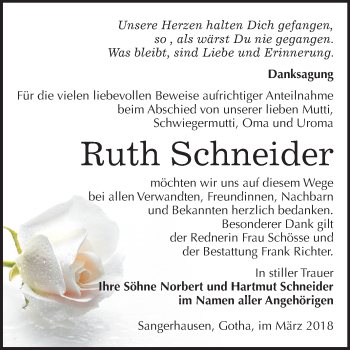 Traueranzeige von Ruth Schneider von Mitteldeutsche Zeitung Sangerhausen