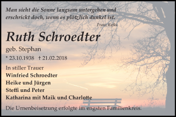 Traueranzeige von Ruth Schroedter von Mitteldeutsche Zeitung Bitterfeld