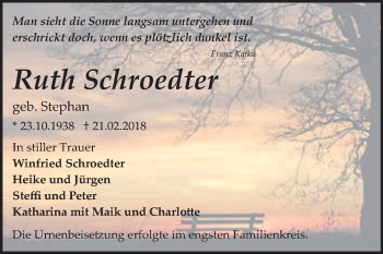 Traueranzeige von Ruth Schroedter von WVG - Wochenspiegel Bitterfeld