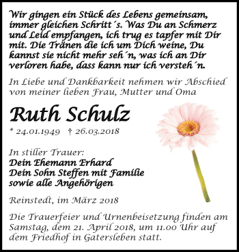 Traueranzeige von Ruth Schulz von Mitteldeutsche Zeitung Aschersleben