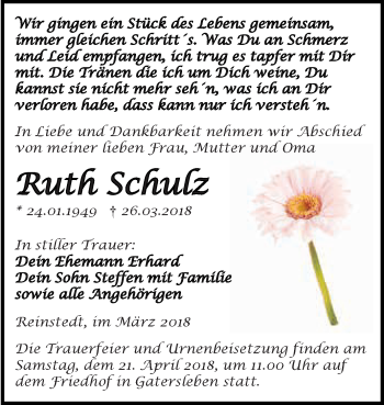 Traueranzeige von Ruth Schulz von Super Sonntag Aschersleben