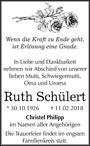 Traueranzeige von Ruth Schülert von Mitteldeutsche Zeitung Halle/Saalkreis